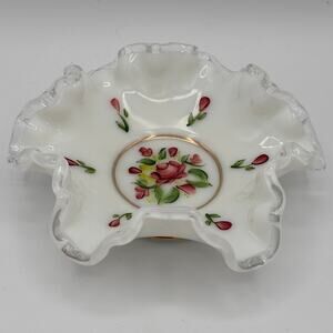 Vintage Fenton Milk Glass Clear Crest 6" Ash Tray Trinket Dish Hand Painted Rose